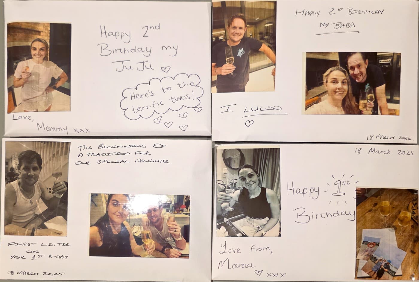 Four handwritten letters to Julia laid flat, each dated a different year.